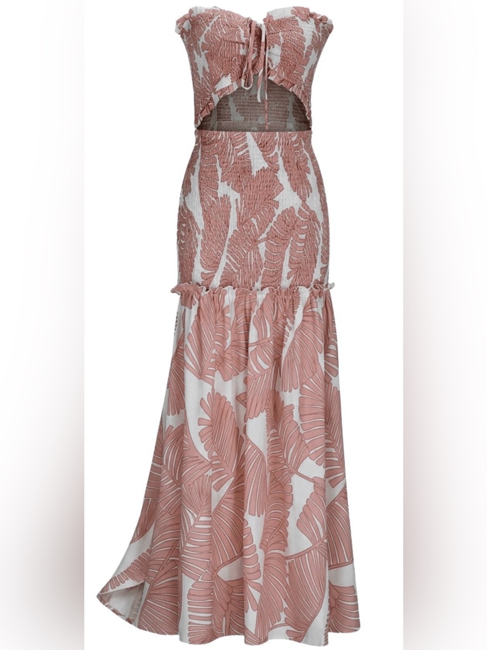 Medium leaf Printed Ruched Shirred Bandeau Dress Slim Ruffle Hem - Picture 2 of 3